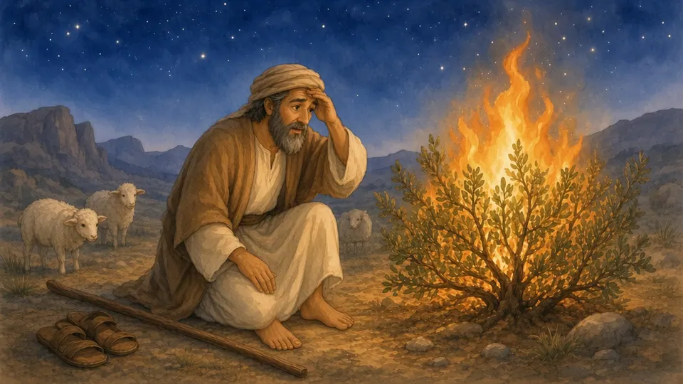 Watercolor picture of Moses and the Burning Bush