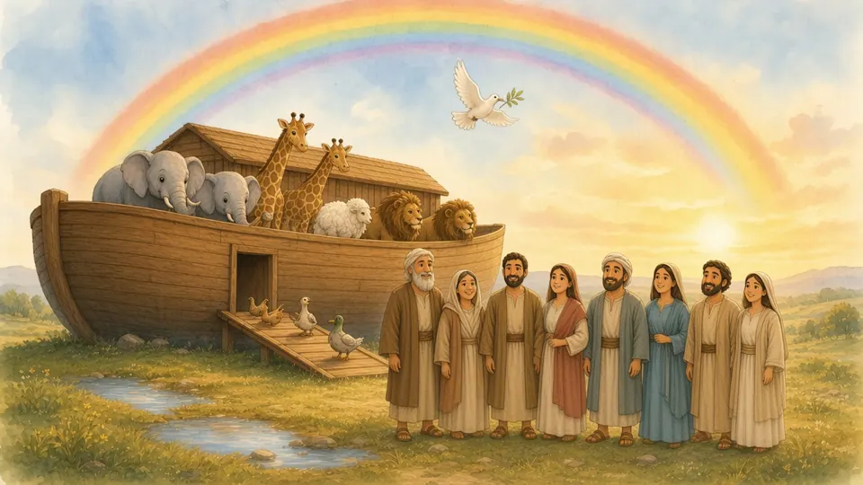 Watercolor picture of Noah's Ark and the Rainbow