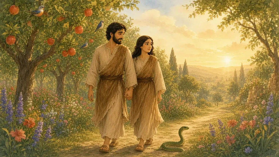 Watercolor picture of The First Sin and God's Promise