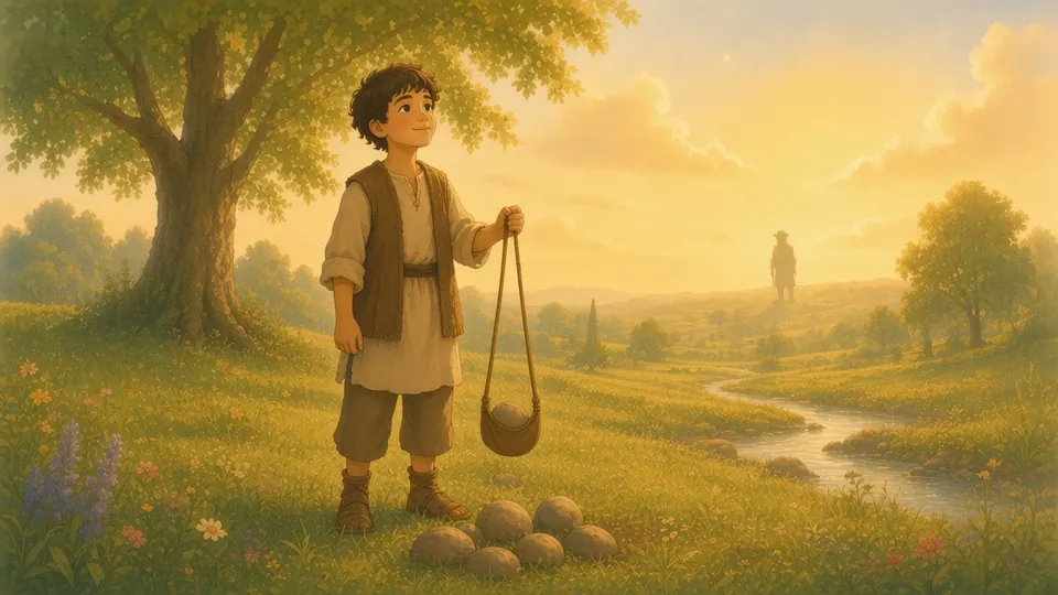 A young shepherd holds a sling beside a stream, five smooth stones at his feet.