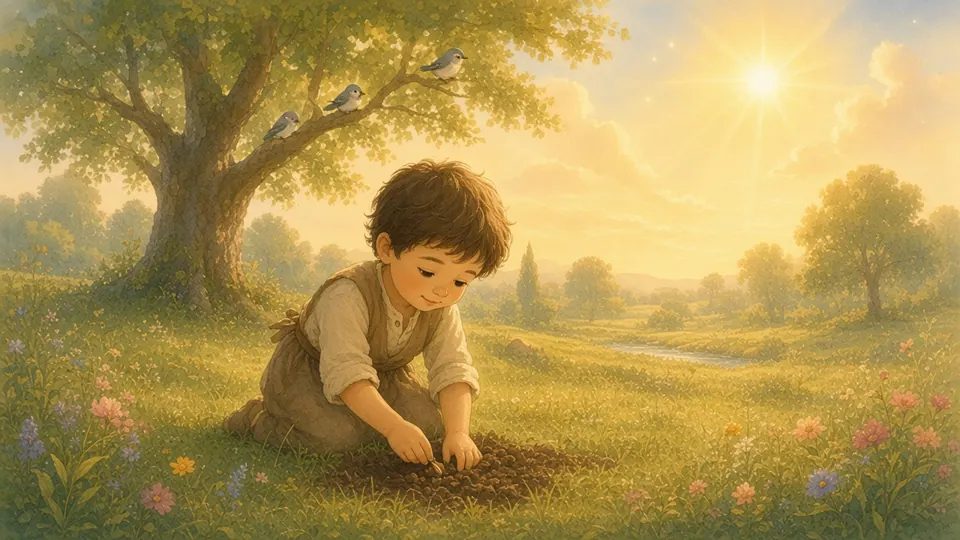 A child plants a small seed at sunrise, with a great tree full of birds in the distance.