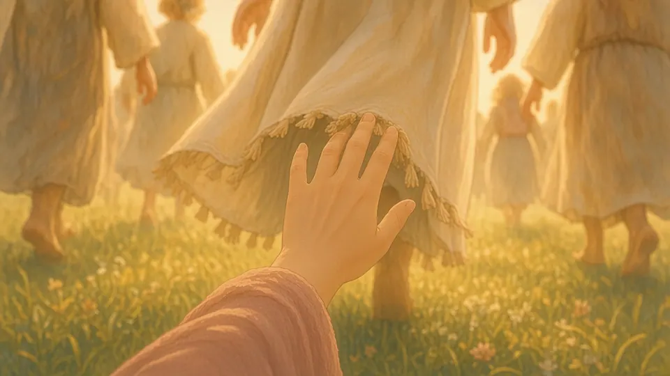 A woman's hand reaches out in a crowd to touch the hem of a cloak.