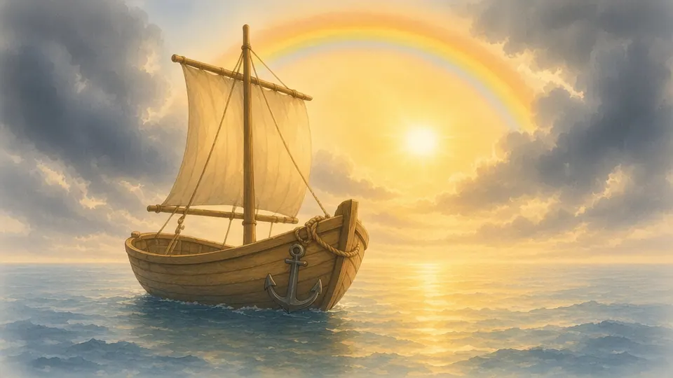 A small boat with an anchor sails on a calm sea under a rainbow as storm clouds clear.